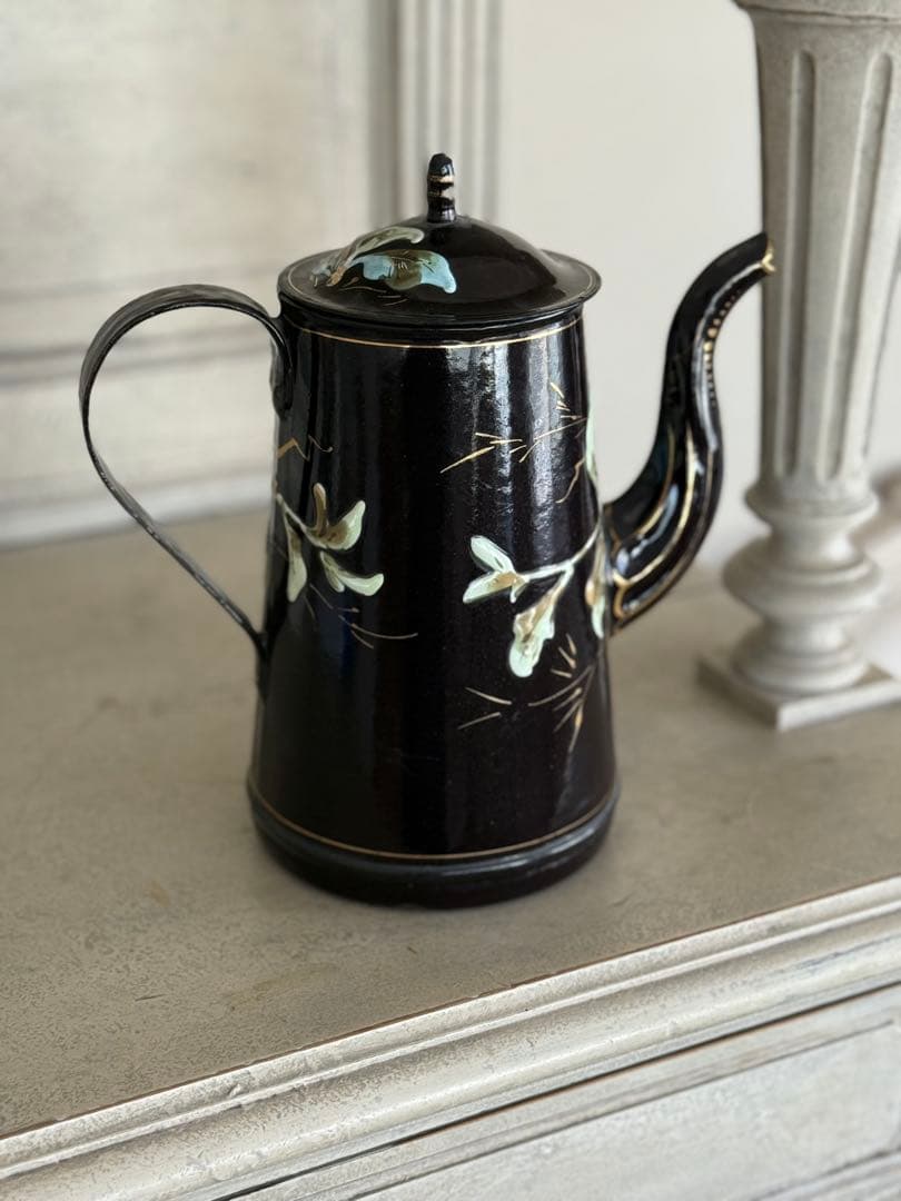 激レアフランスアンティークホーロー黒小鳥とベリー柄バンドペイントの