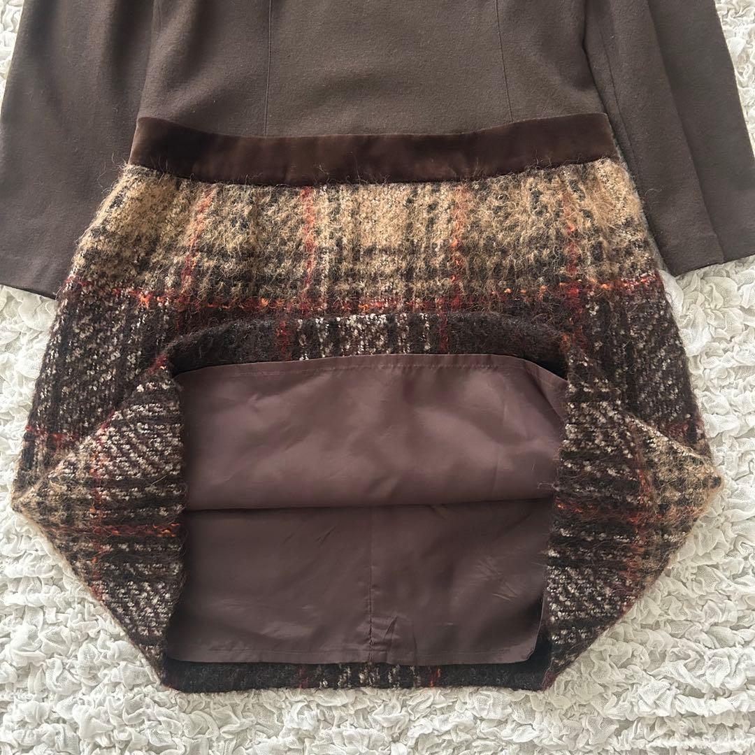 エムズグレイシー ドッキングワンピース L チェック柄 ベロア ブラウン