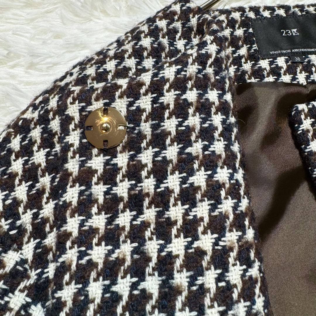 りく様美品 23区 千鳥格子 ツイード ノーカラー ロングコート 23年製 6