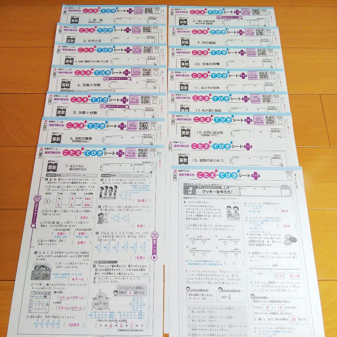 最新版 小学校 6年生 算数 カラーテスト こたえてびきシート 15枚 ぶん