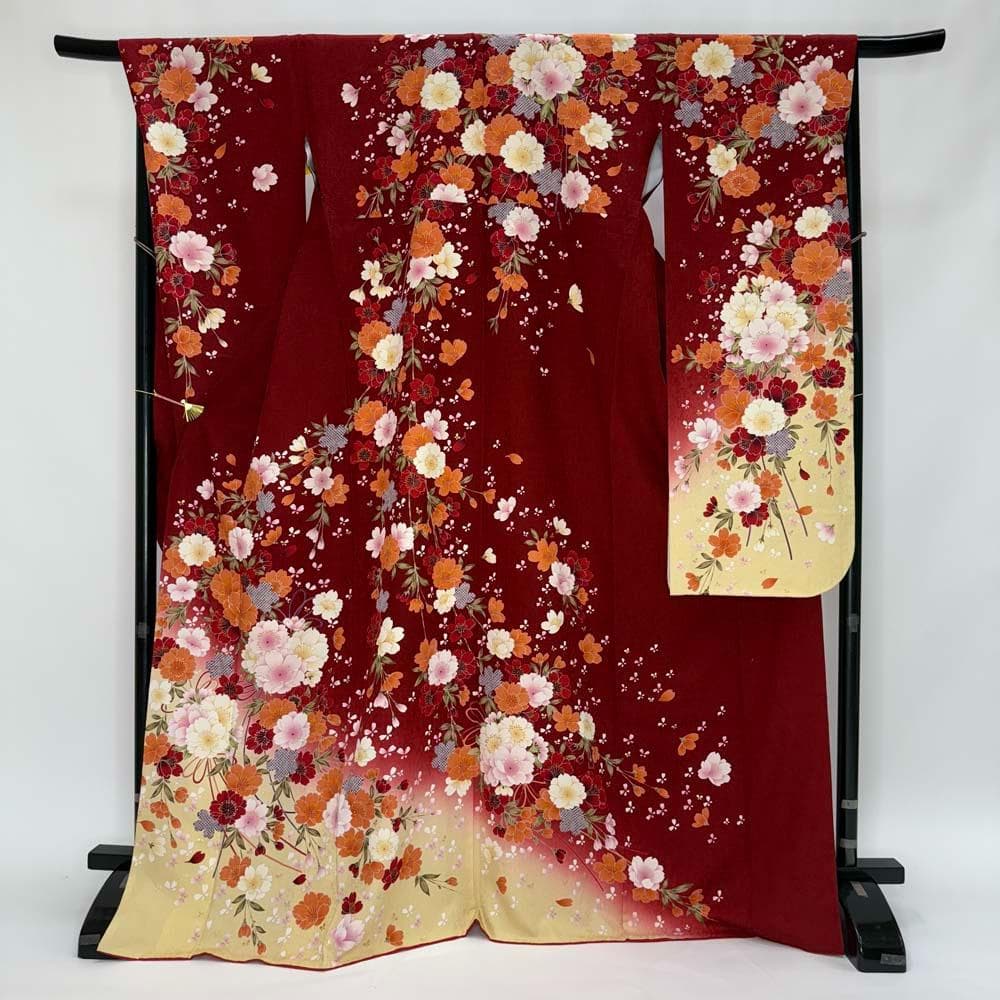振袖 正絹 赤 黄色 古典花柄 裄68㎝ 成人式 中古 c-82 - メルカリ
