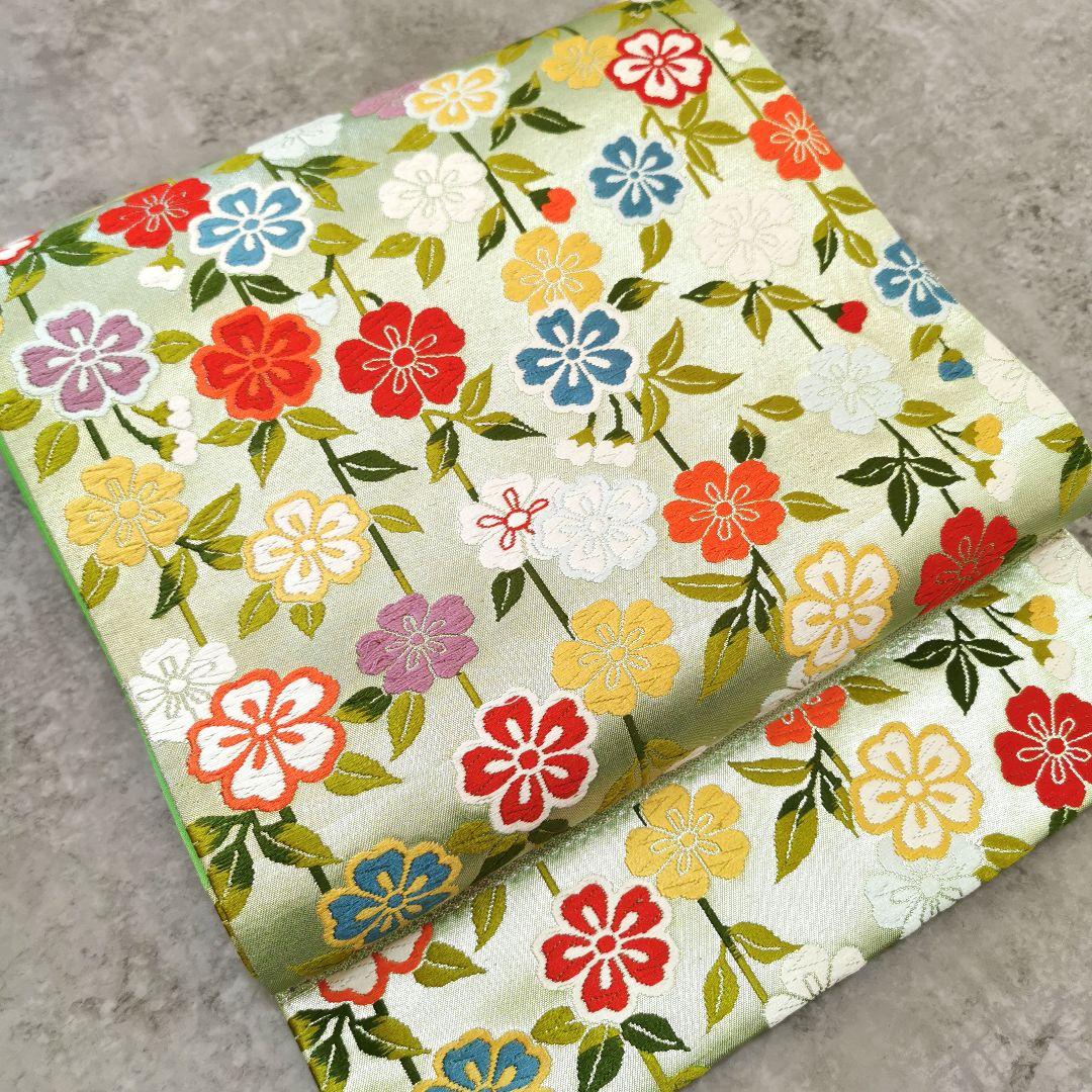 お花畑】レアなグリーン カラフルお花畑な 贅沢 唐織 袋帯