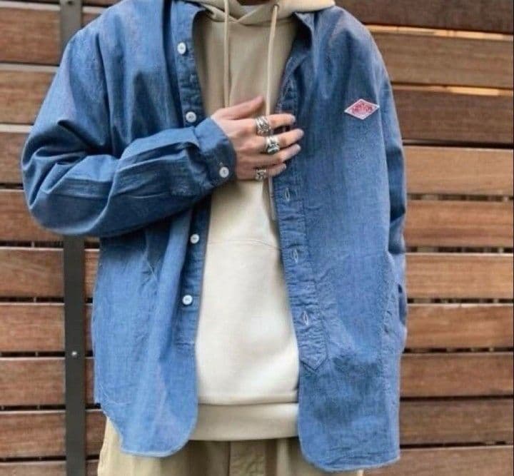 美品 ダントン 日本製 バンドカラー デニムシャツ シャンブレー 40