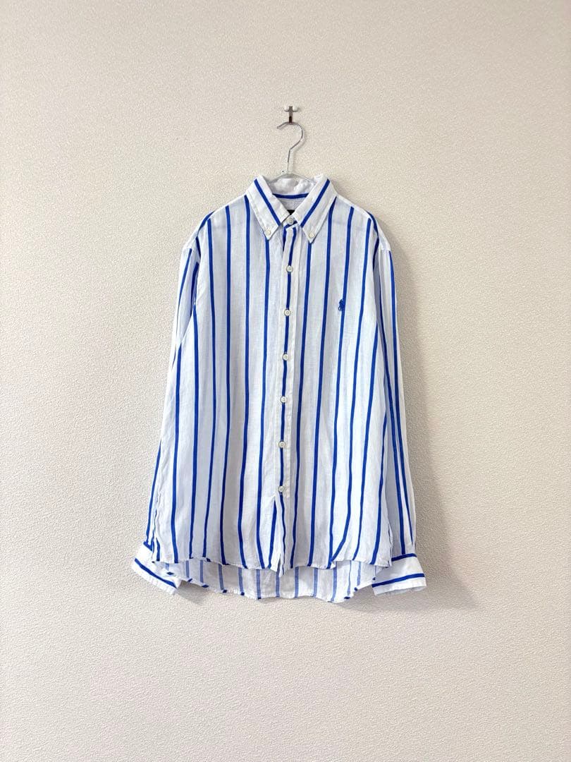 ラルフローレン ストライプ リネン シャツ ブルー ホワイト S 170