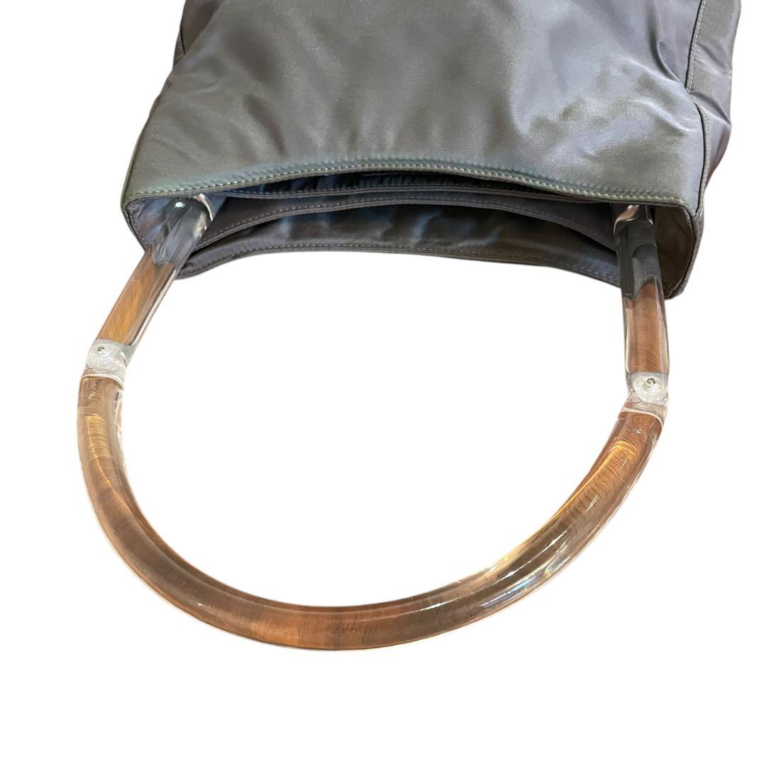 PRADA グレー ナイロン ハンドバッグ クリアハンドル 三角ロゴ