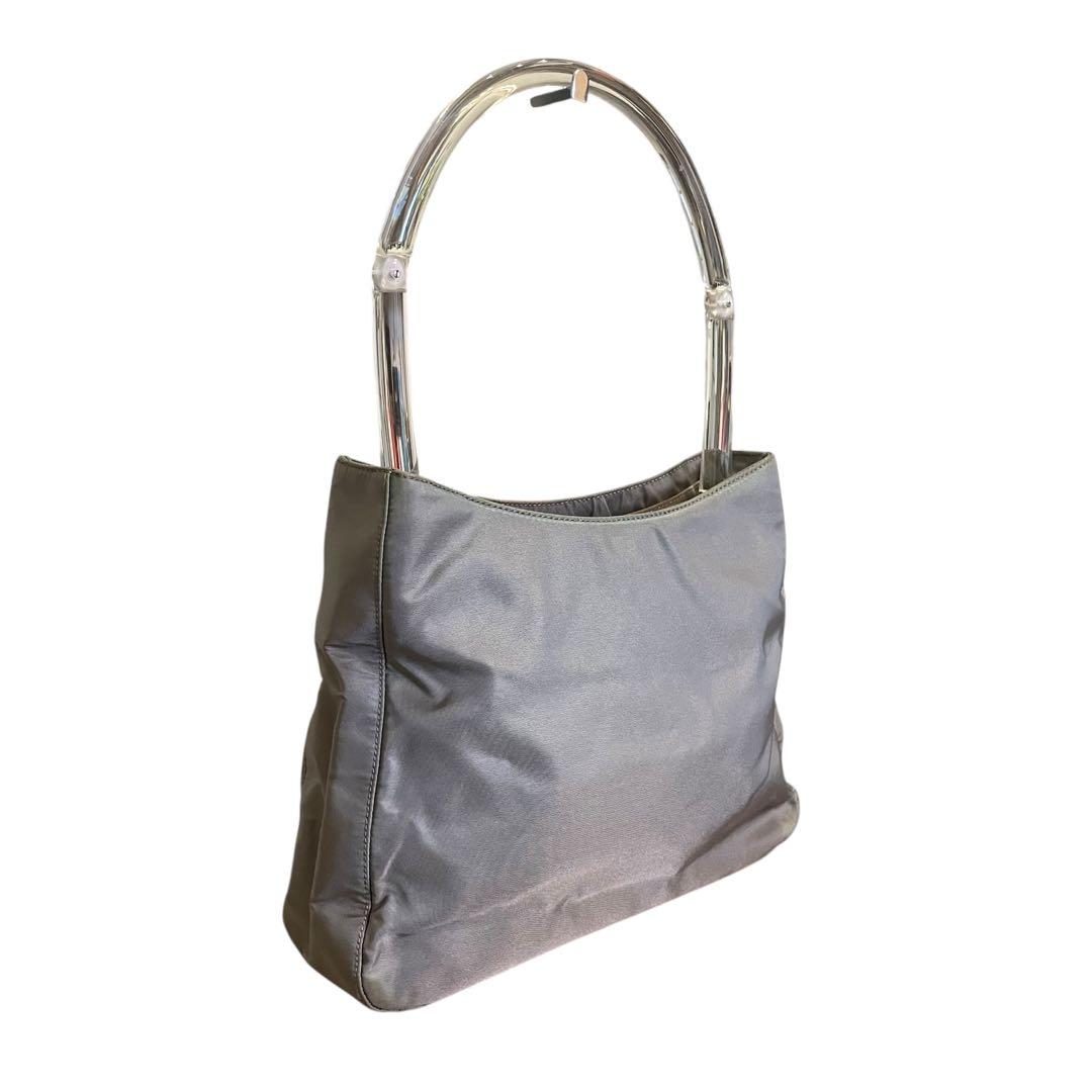 PRADA グレー ナイロン ハンドバッグ クリアハンドル 三角ロゴ