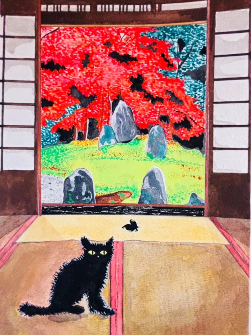 原画 黒猫と蝶々と庭園 - メルカリ