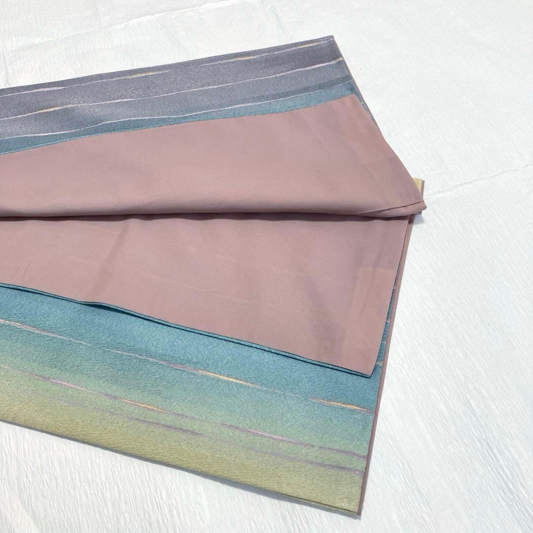 美品✨】東レシルック 洗える着物 小紋 変わり縞 ぼかし染め 青緑 灰茶