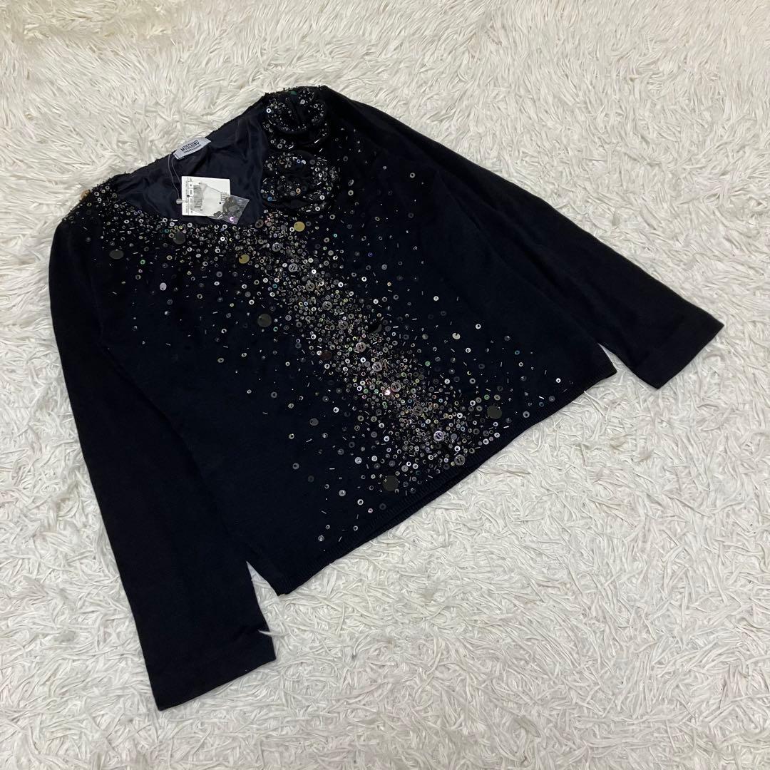 【タグ付】MOSCHINO ビジューカーディガン　ニット　スパンコール　黒　L ビーズビジュースパンコールラウンドネックカーディガン | レディース
