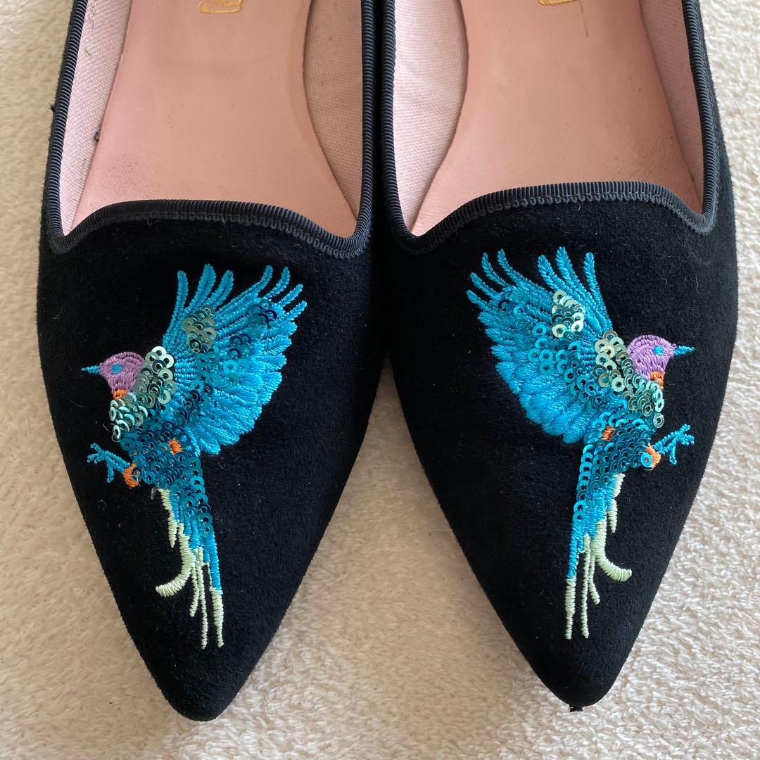 プリティバレリーナ 鳥刺繍 ブラック スエード フラットシューズ 希少 25cm