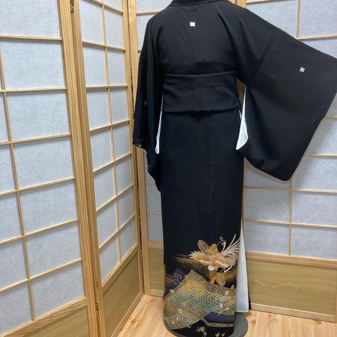 1003］黒留袖 美品 鳳凰蜀江 比翼付 五つ紋 違柏 金彩 正絹 着物 袷