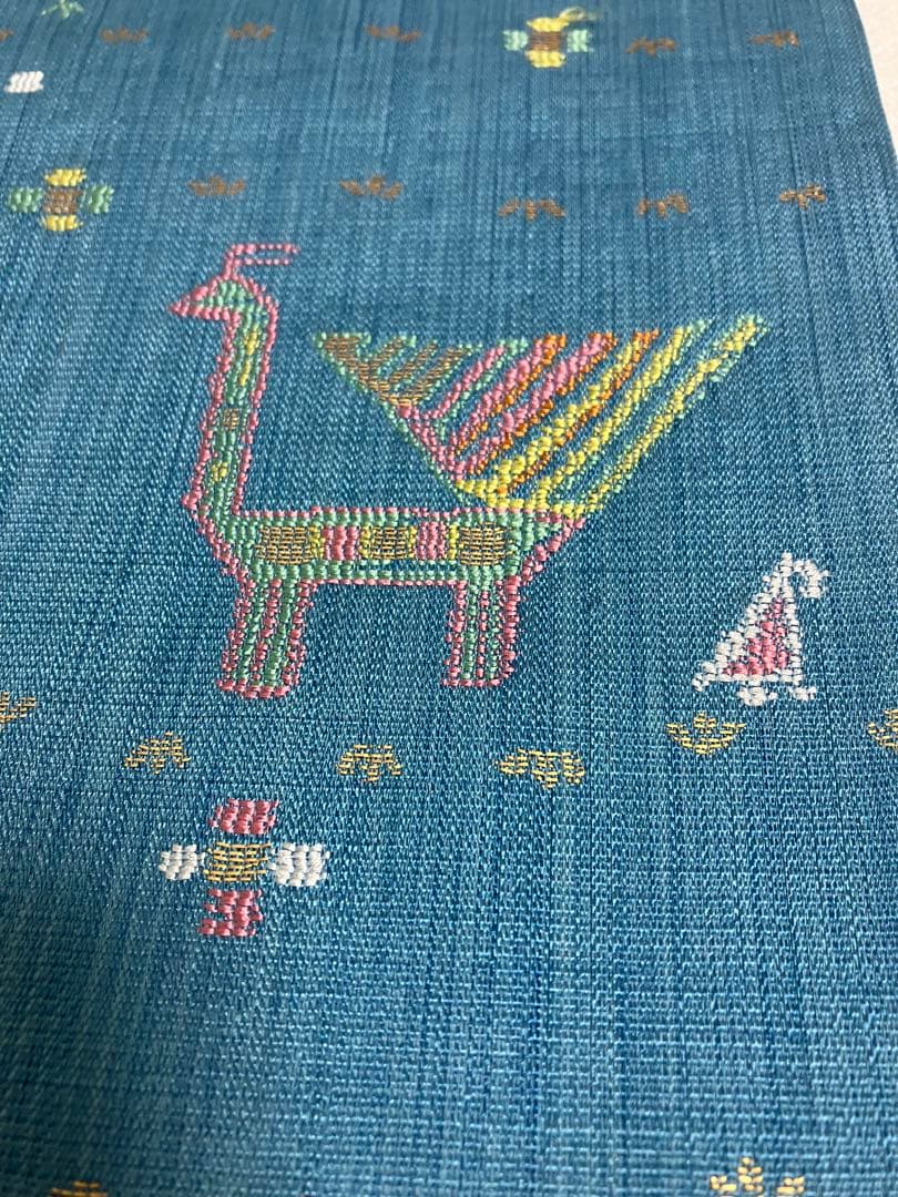 正絹 洒落袋帯 西陣織 異国情緒の可愛らしい動物文様／キリム調 青