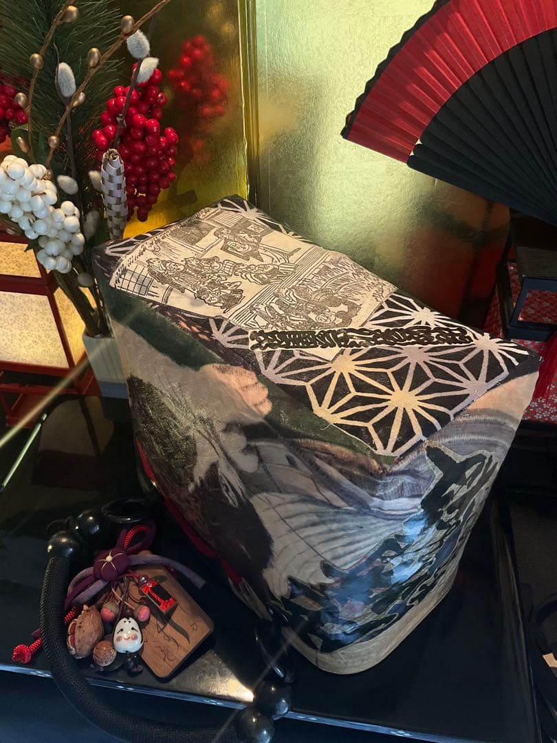 一閑張り 一閑張りバッグ 古文書 和紙 大正 着物 竹籠 小林清親 猫と