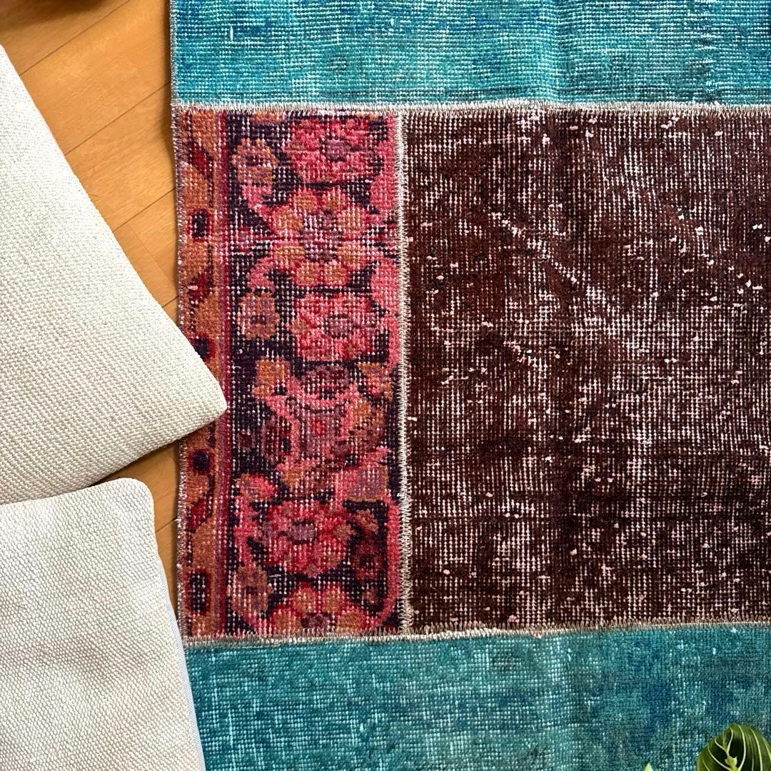 55×103 神秘的ブルー×ブラウン×ボタニカル トルコヴィンテージラグ