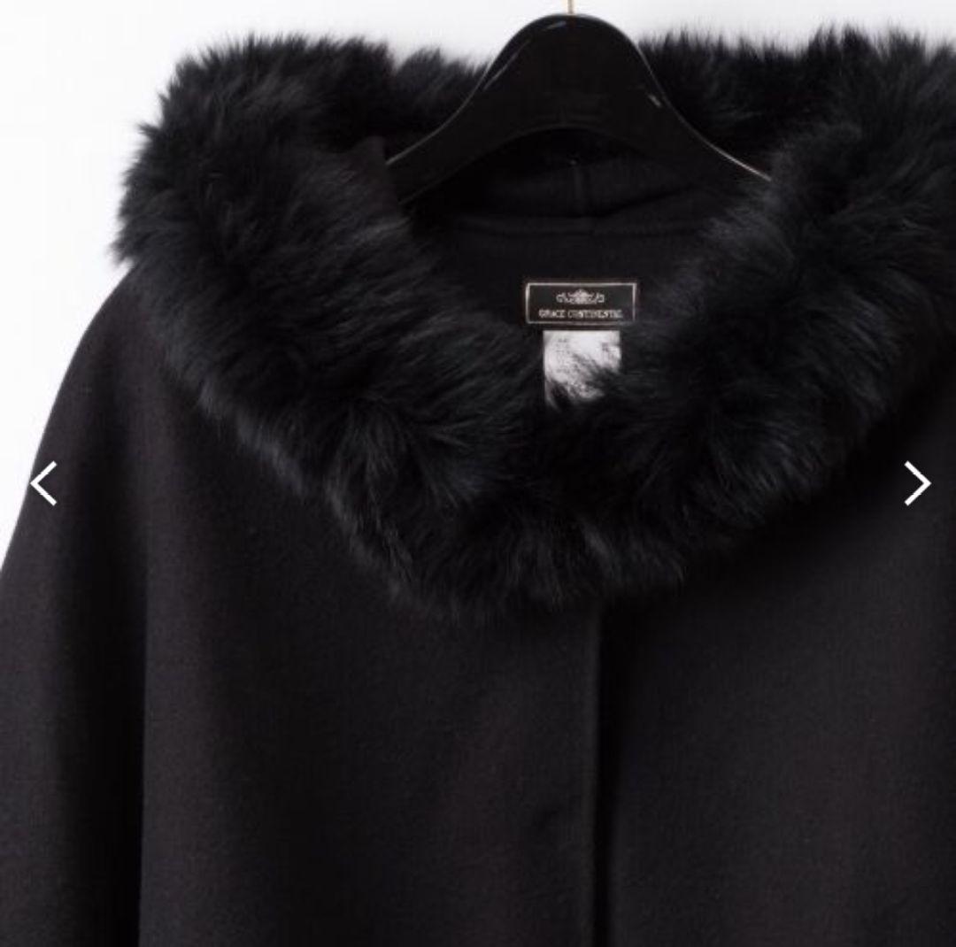 グレースコンチネンタル ファー付フードポンチョ ブラック フォックス