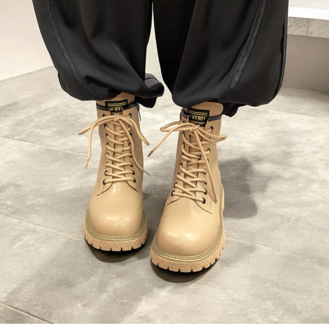 新品 ショート ブーツ レディース 歩きやすい 厚底 23cm ベージュ