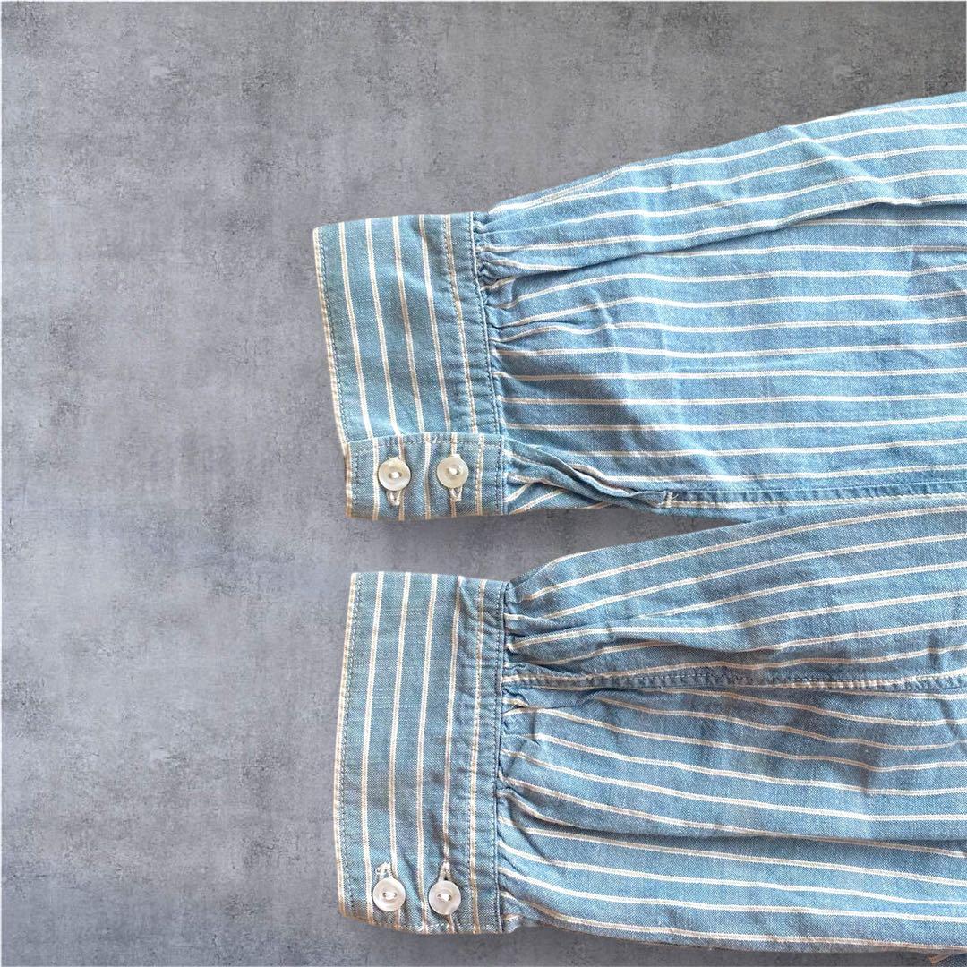 45R インディゴ ストライプ ドロスト バンドカラー ロゴ刺繍 羽織り