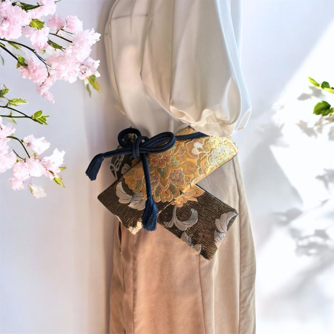 クロスサッシュベルト ロング＊帯締め一体型｜袋帯リメイク 華文 金 黒