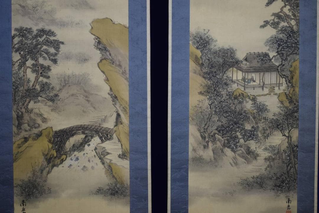 真作/宮武南岳/桂月庵/淡彩山水/双幅/絹表装/布袋屋掛軸HE-610 真作/渓水/醒ヶ井より伊吹山を望図/布袋屋掛軸HC-961 真作/渓水/醒ヶ井