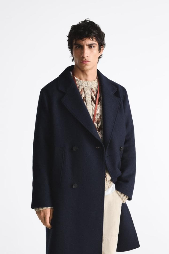 ZARA ザラ ダブルブレストウールブレンドコート ネイビーブルー S