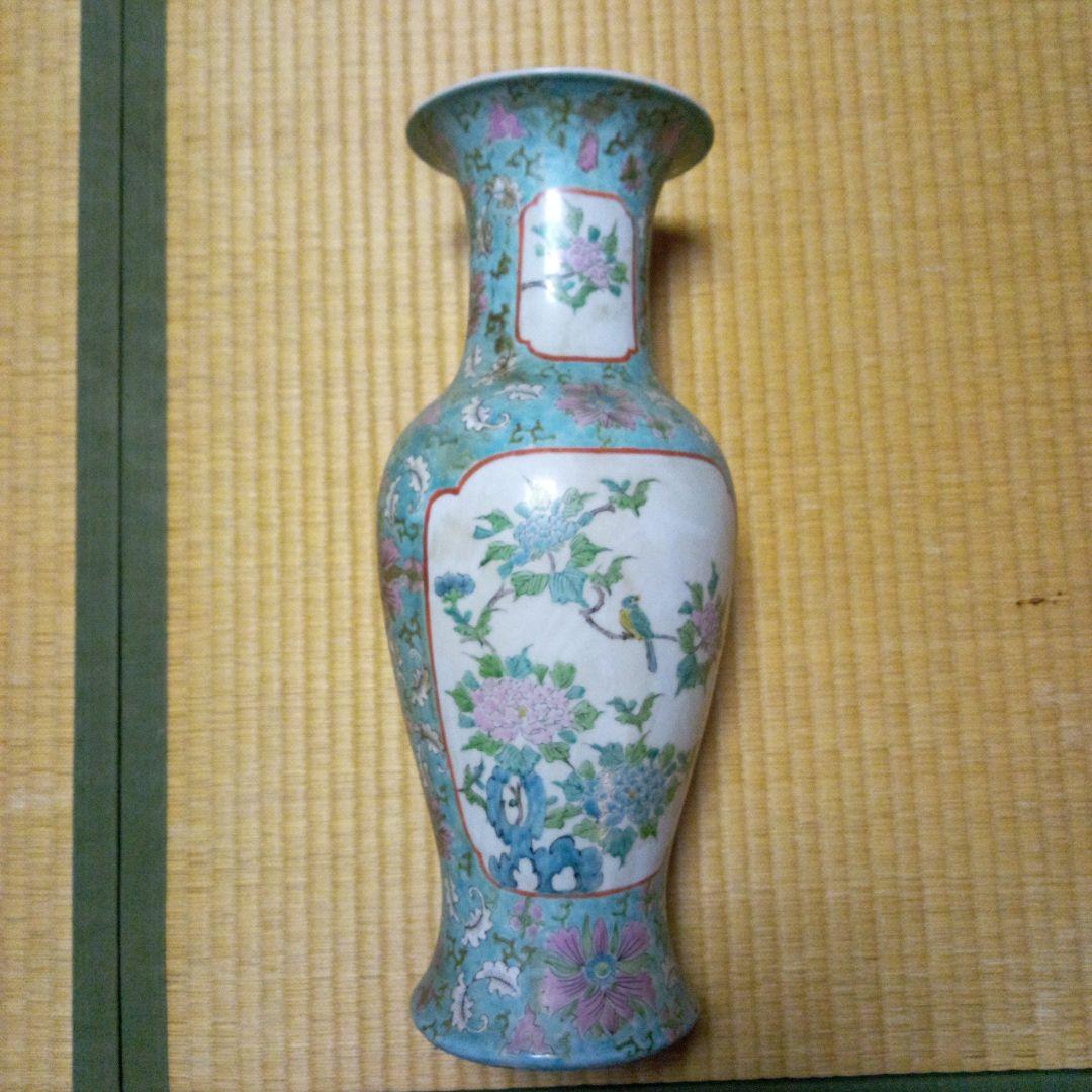 青と緑の花模様 陶器花瓶 約46cm