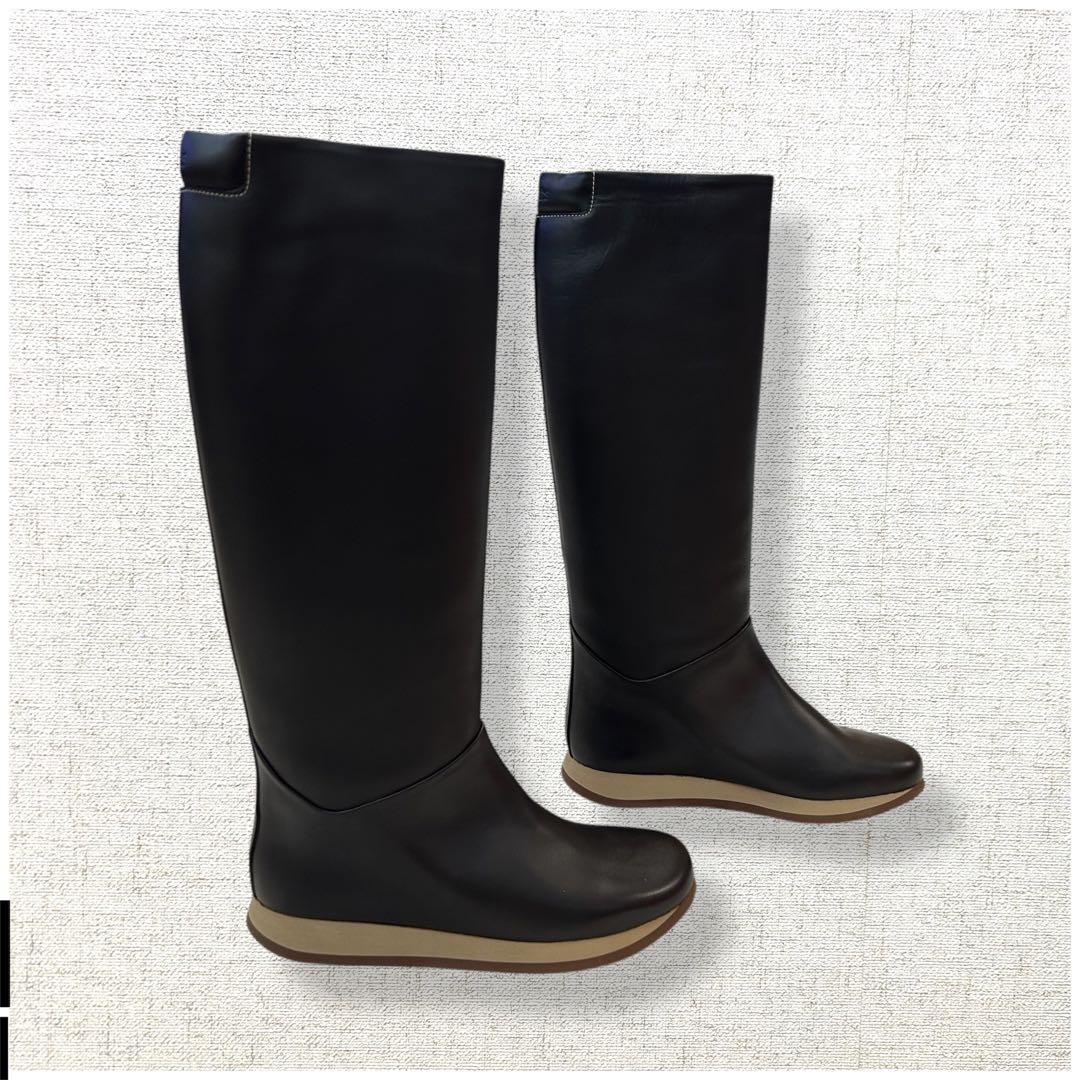 未使用級 ロゴ刻印 HERMES ロングブーツ レインブーツ オールレザー 37