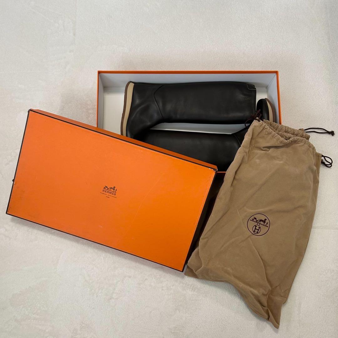 未使用級 ロゴ刻印 HERMES ロングブーツ レインブーツ オールレザー 37
