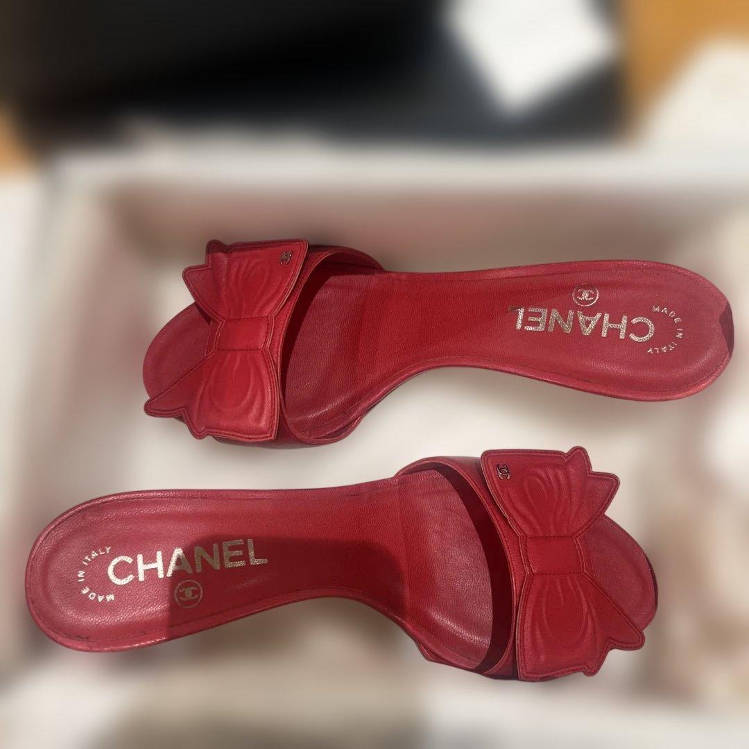 CHANEL レザーリボンミュール レッド　サンダル　39 天白】【CHANEL】シャネル スポーツサンダル レッド×ブルー×グリーン