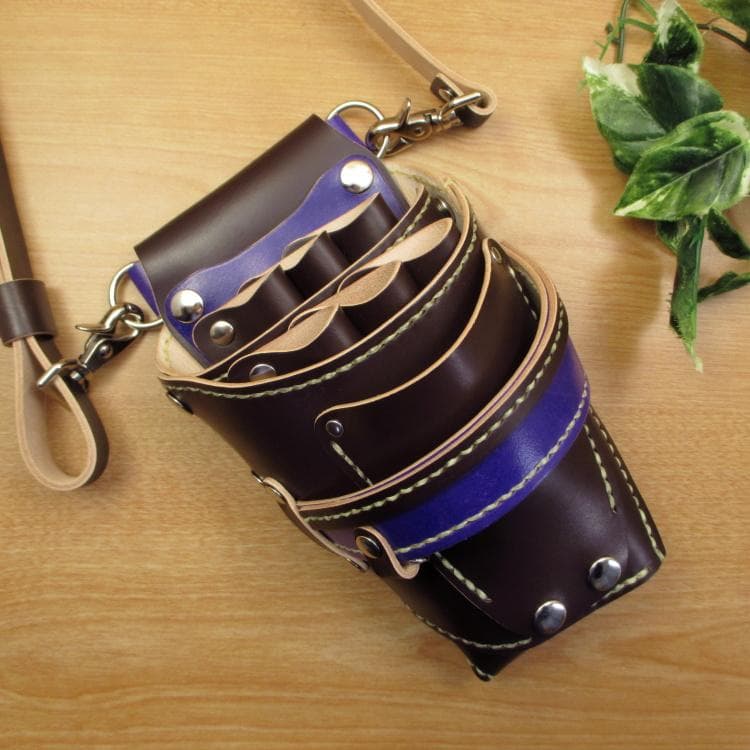 ダークブラウン＆パープル 6丁 革ベルト付 シザーケース SCL-100/CDC