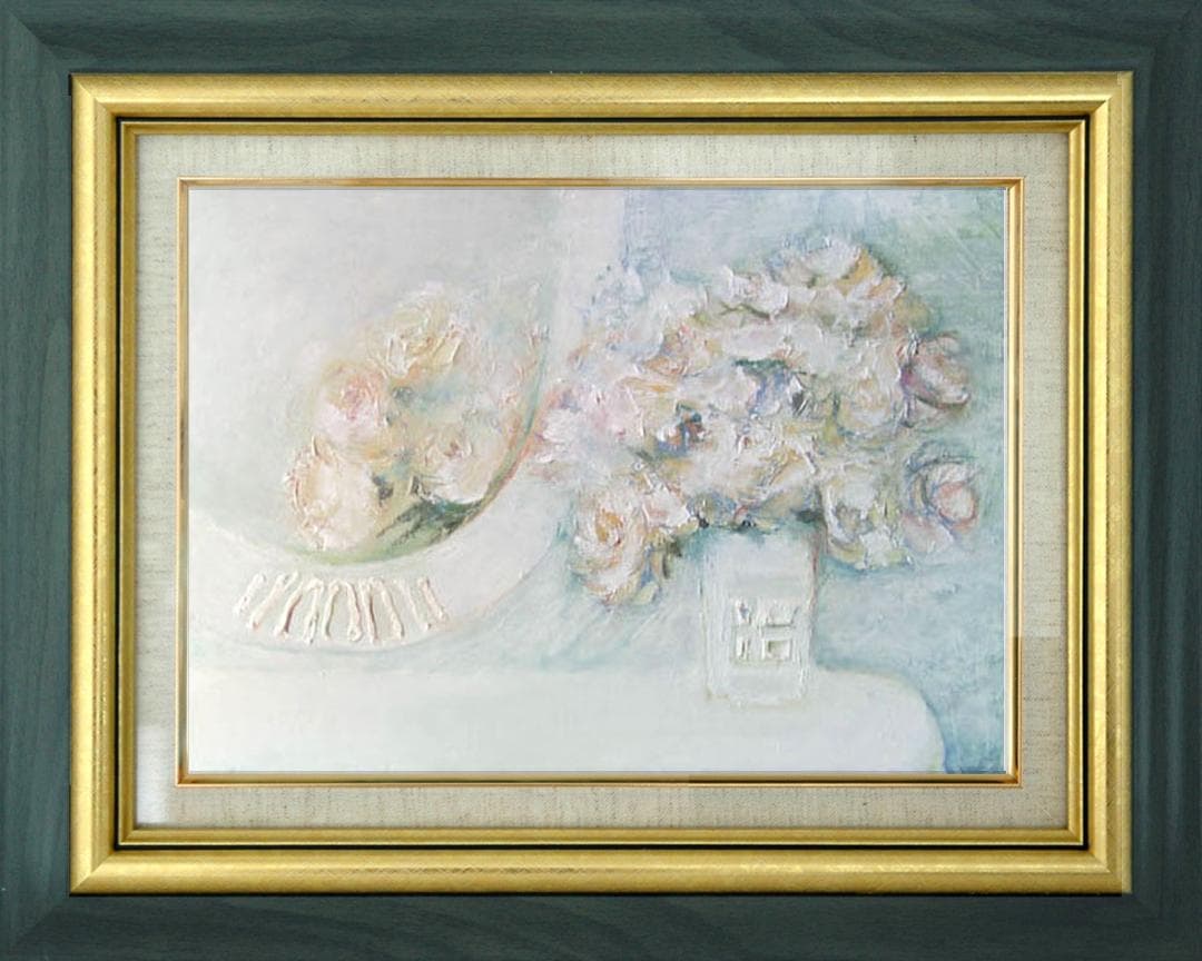 油絵 菅家令子 絵 絵画インテリア額付(青緑＋金色の枠) uF6-114002花 油絵 菅家令子 絵 絵画インテリア額付(青緑＋金色の枠) uF6-114002