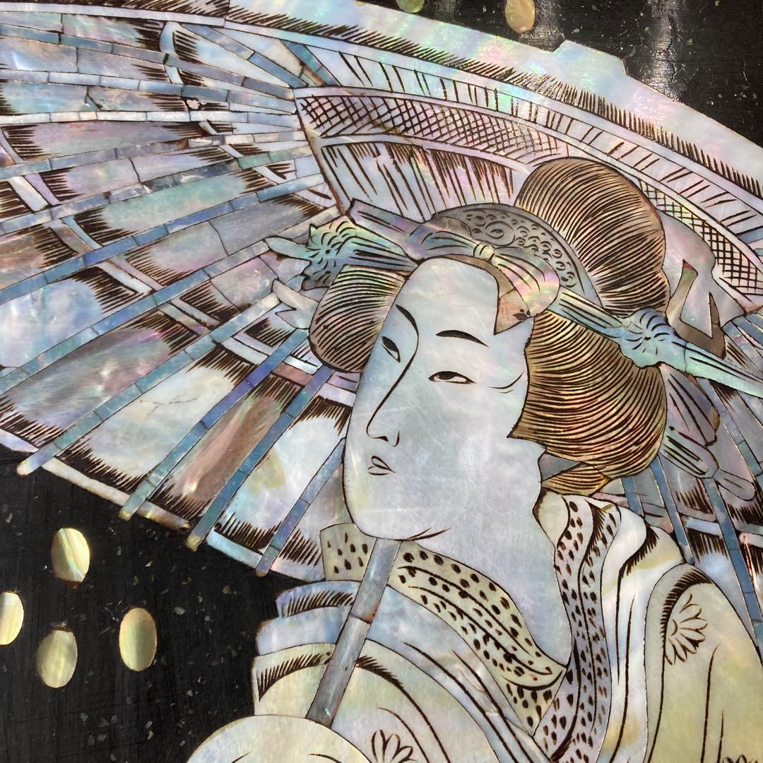 希少 螺鈿 傘をさした女性 美人画 浮世絵 天然木 漆器 古画