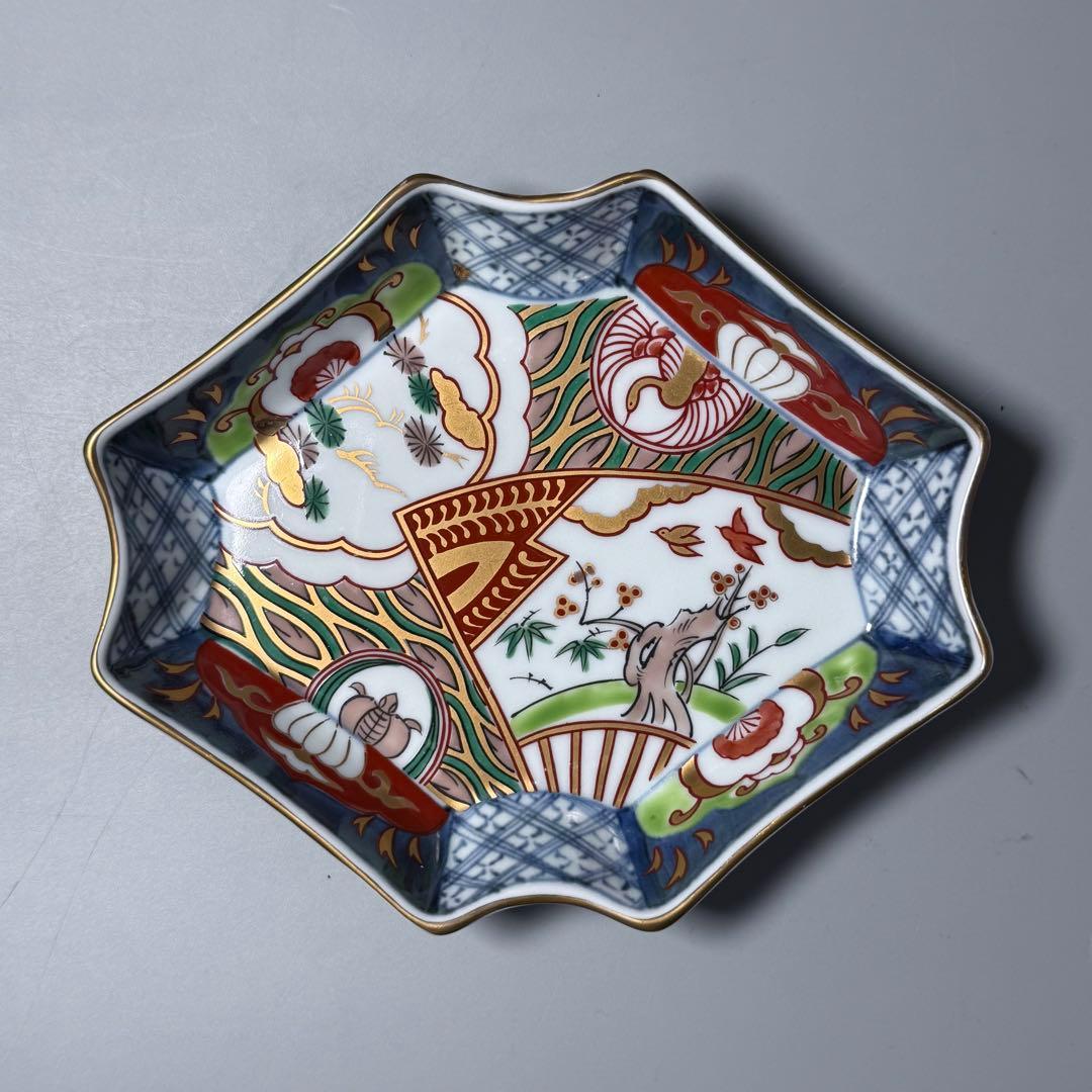 古伊万里風 冨貴長春 色絵鶴亀松竹梅文変形皿 五客 料理屋 古器を