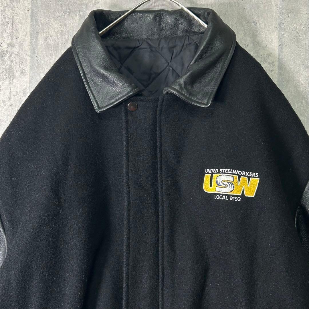 カナダ製 極上 レザー 企業刺繍ロゴ ウール スタジャン 中綿 黒 CANADA