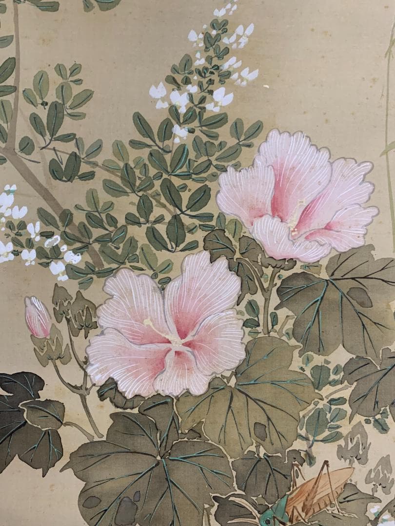 谷口月窓 月に萩 秋草花に飛蝗図 絹本 肉筆 掛軸 日本画