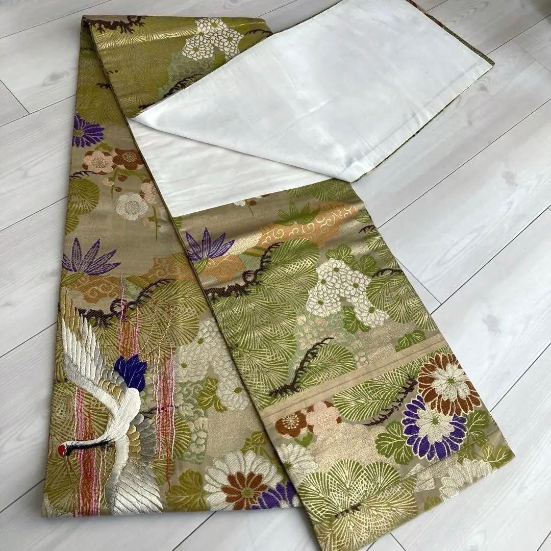 アンティーク名古屋帯　鶴の刺繍　金駒刺繍　上質　正絹　No.2-24