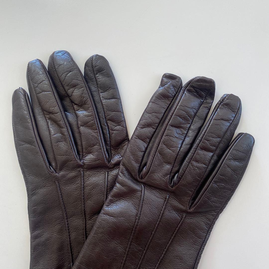 美品 フェラガモ レザーグローブ 革手袋 ダークブラウン シルク裏地