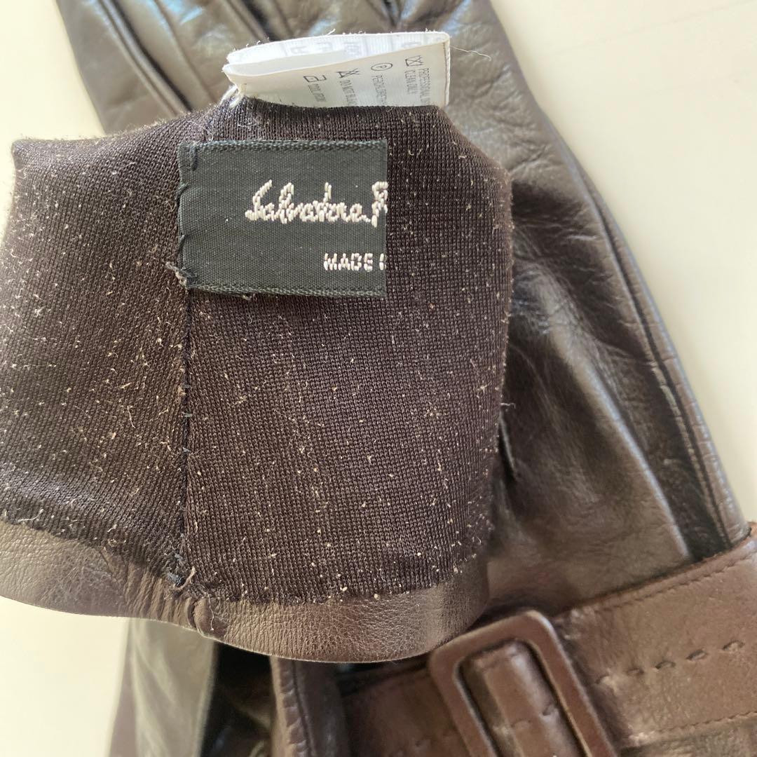 美品 フェラガモ レザーグローブ 革手袋 ダークブラウン シルク裏地