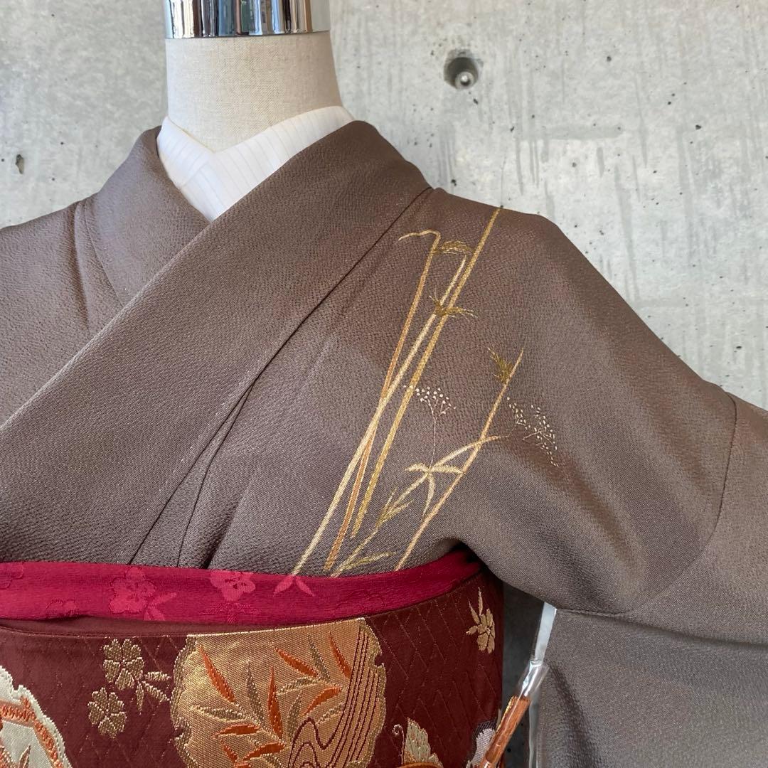 正絹 訪問着 ちりめん 茶色系 袷