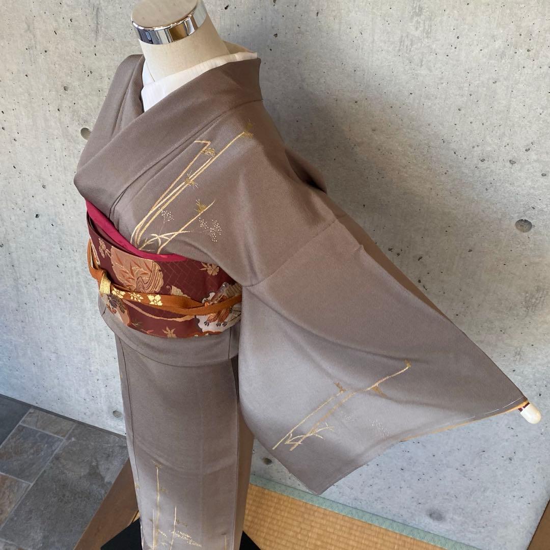 正絹 訪問着 ちりめん 茶色系 袷