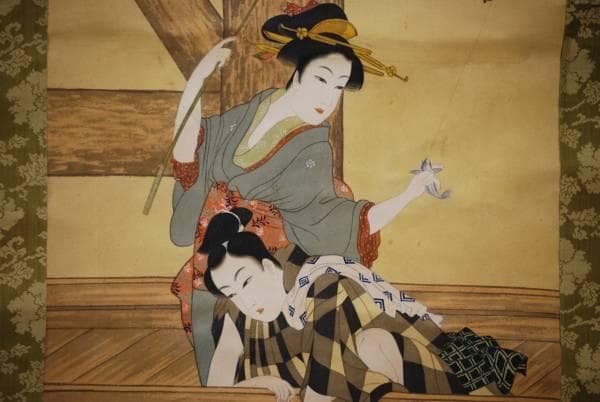 模写/伝/喜多川歌麿/橋下男女魚釣図/布袋屋掛軸HC-918 - メルカリ