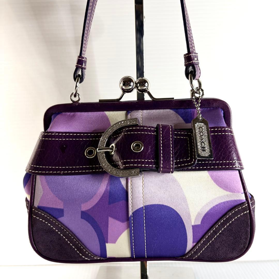 激レア 希少コーチ がま口 アクセサリーポーチ ビジュー 紫 オプアート