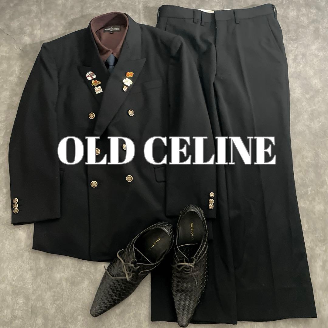極上 漆黒ウール 黒金ボタン ダブルブレストスーツ ×OLDCELINEネクタイ