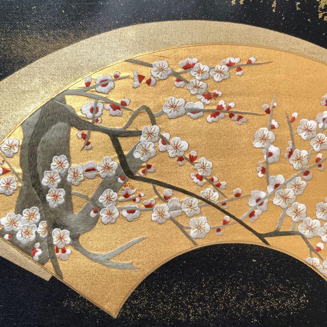 きらめく扇面に刺繍の白梅 袋帯 リメイク バンブーハンドルバッグ 浅型