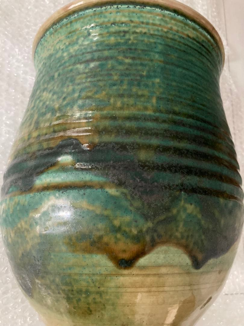 吉峰窯　志賀忠吉（吉峰）作 緑釉花生　大きいサイズ　花差し花瓶壺窯共箱しおり付き