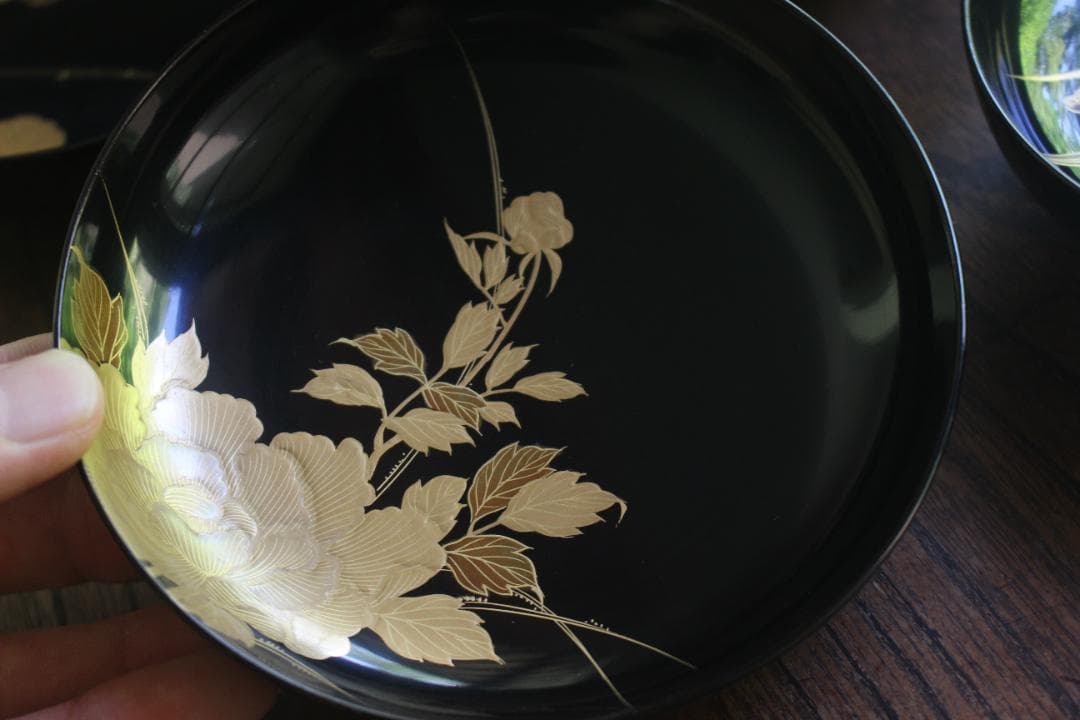 時代逸品！時代黒漆に極上草花蒔絵の映えるお椀7点（検輪島塗蒔絵椀