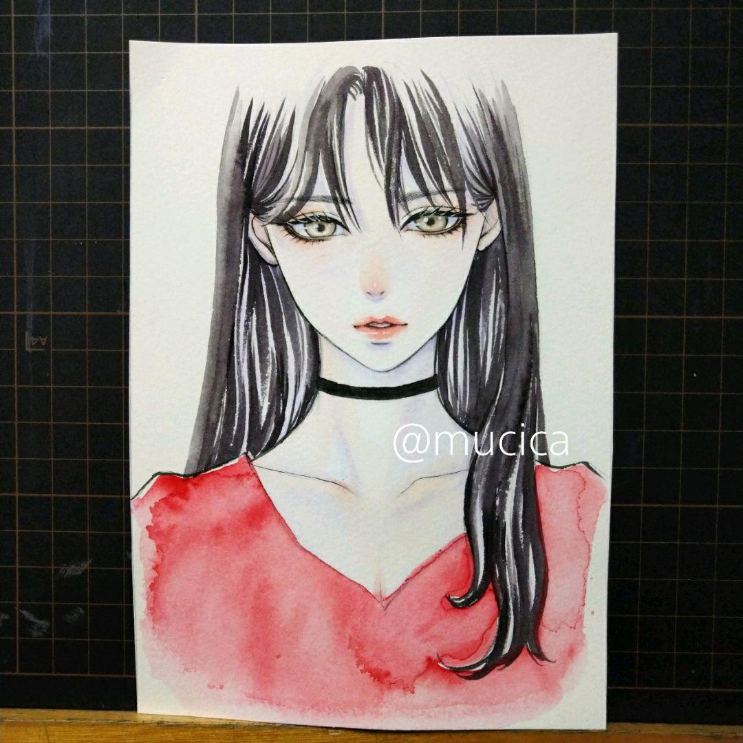 ポストカードプリント 手描きイラスト オリジナル 黒髪 美人画 水彩画