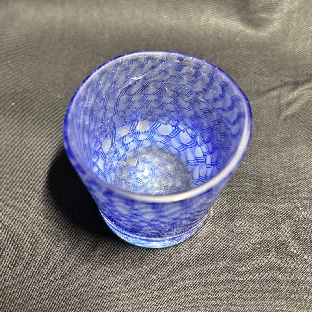 コアガラス 小暮紀一 冷酒杯 レース文様 青 ぐい呑 おちょこ トンボ玉