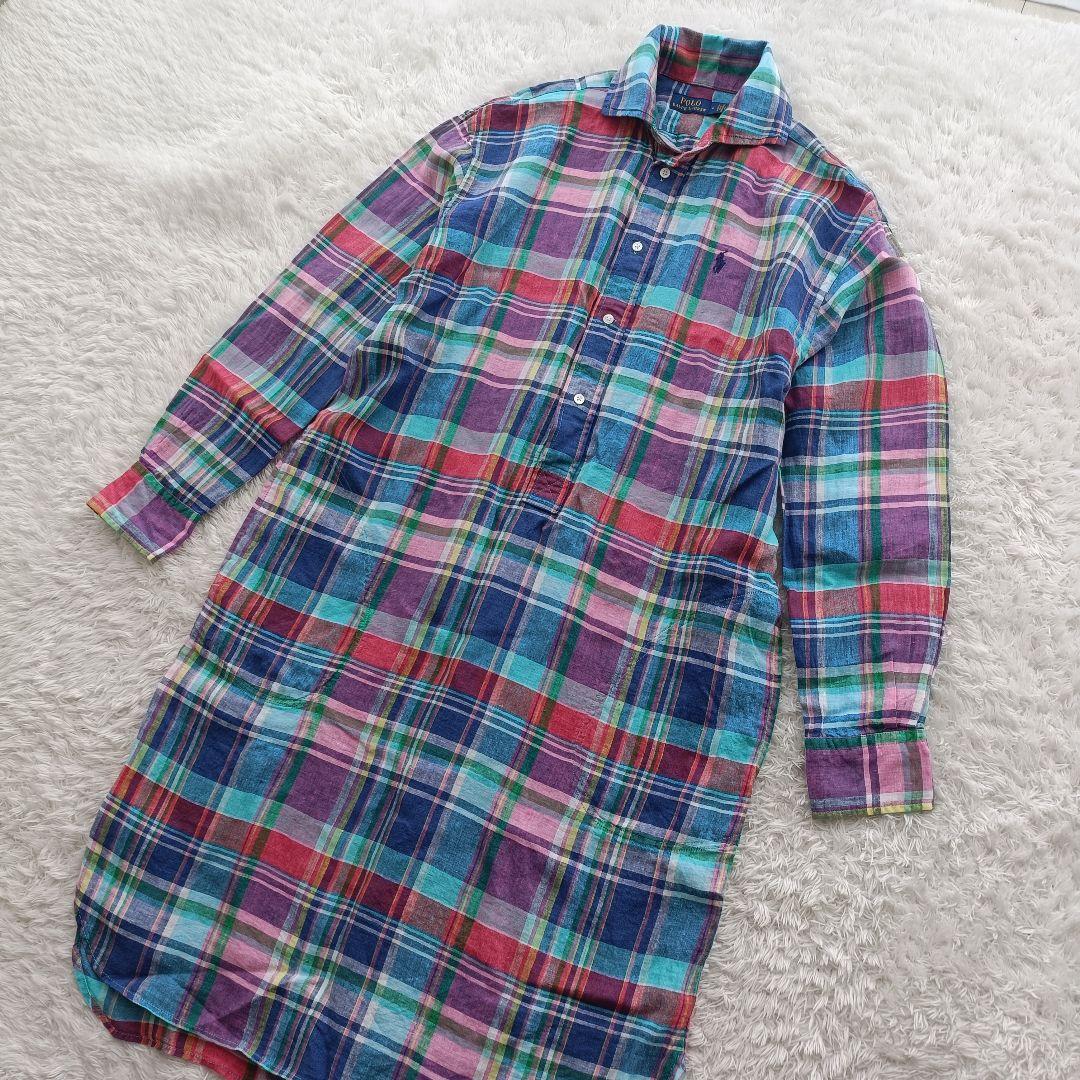 ポロラルフローレン シャツワンピース マドラスチェック柄 リネン100