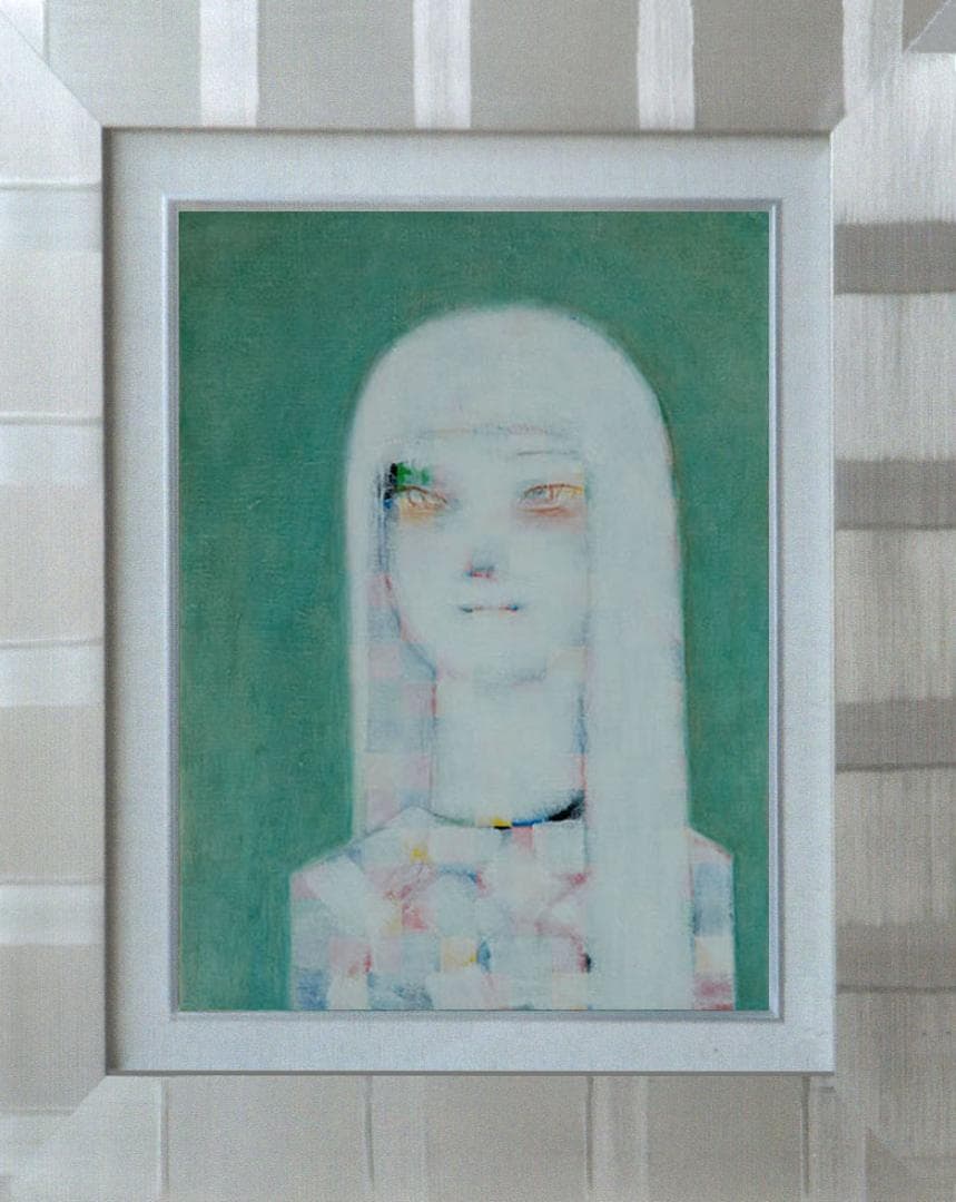 油絵 菅家令子 絵 絵画インテリア額付(青緑＋金色の枠) F4-071212女性