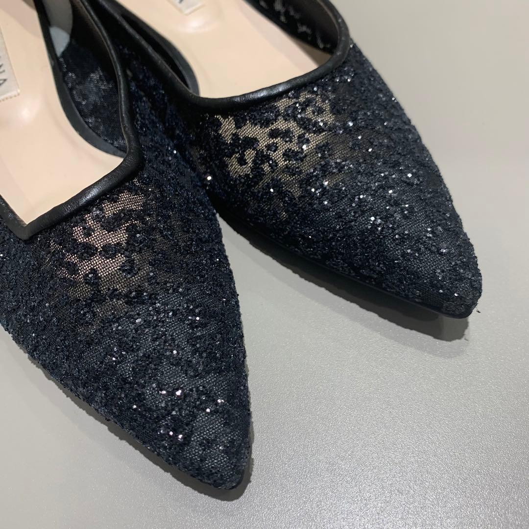 美品✨DIANA グリッター チュール パンプス ブラックラメ 24.5cm